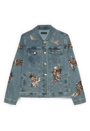 Kurtka dżinsowa z przodem na guziki, kieszeniami na piersi oraz brązową kwiatową aplikacją z cekinów na przodzie, rękawach i ramionach.