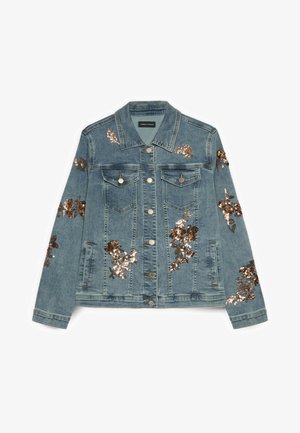 Giacca di jeans con chiusura frontale a bottoni, tasche sul petto e ricamo floreale in paillettes marroni su davanti, maniche e spalle.