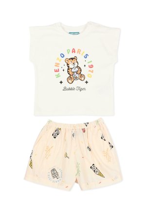 Kremowy t-shirt dla malucha z grafiką ssącego tygrysa i napisem „Kenzo Paris 1970”, w zestawie z jasnymi szortami z nadrukami pandy, lodów i bambusa.
