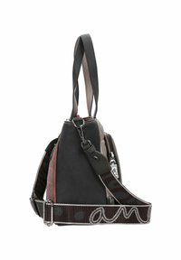 Borsa in pelle nera e bordeaux con texture, doppi manici, hardware argentato, tasca laterale con zip e tracolla regolabile a fantasia.