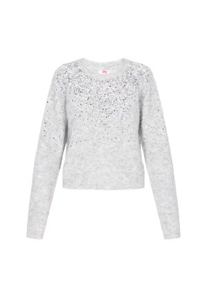 Hellgrauer Pullover mit langen Ärmeln, strukturiertem Stoff und rundem Ausschnitt, verziert mit verstreuten silbernen Pailletten auf der Vorderseite.