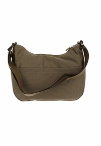 Borsa a spalla in tessuto marrone con tracolla regolabile e chiusura superiore con zip su sfondo bianco.