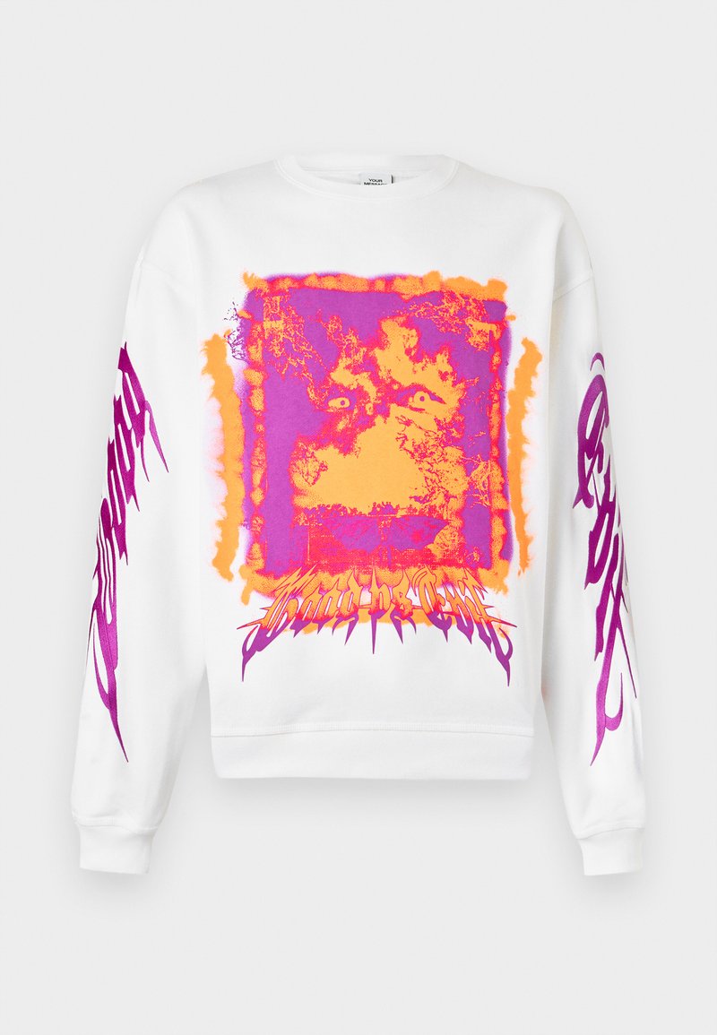 White sweatshirt with a large abstract orange and purple graphic resembling a face on the front and purple stylized text along both sleeves.