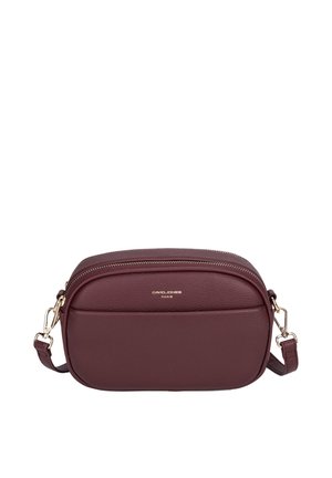 Kleine bordeauxrode crossbodytas met afgeronde hoeken, voorvak, gouden ritssluiting en gouden hardware op afneembare riem.