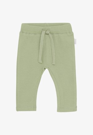 Soft ribbed light green baby pants with elastic waistband and tied drawstring, featuring a small side tag.