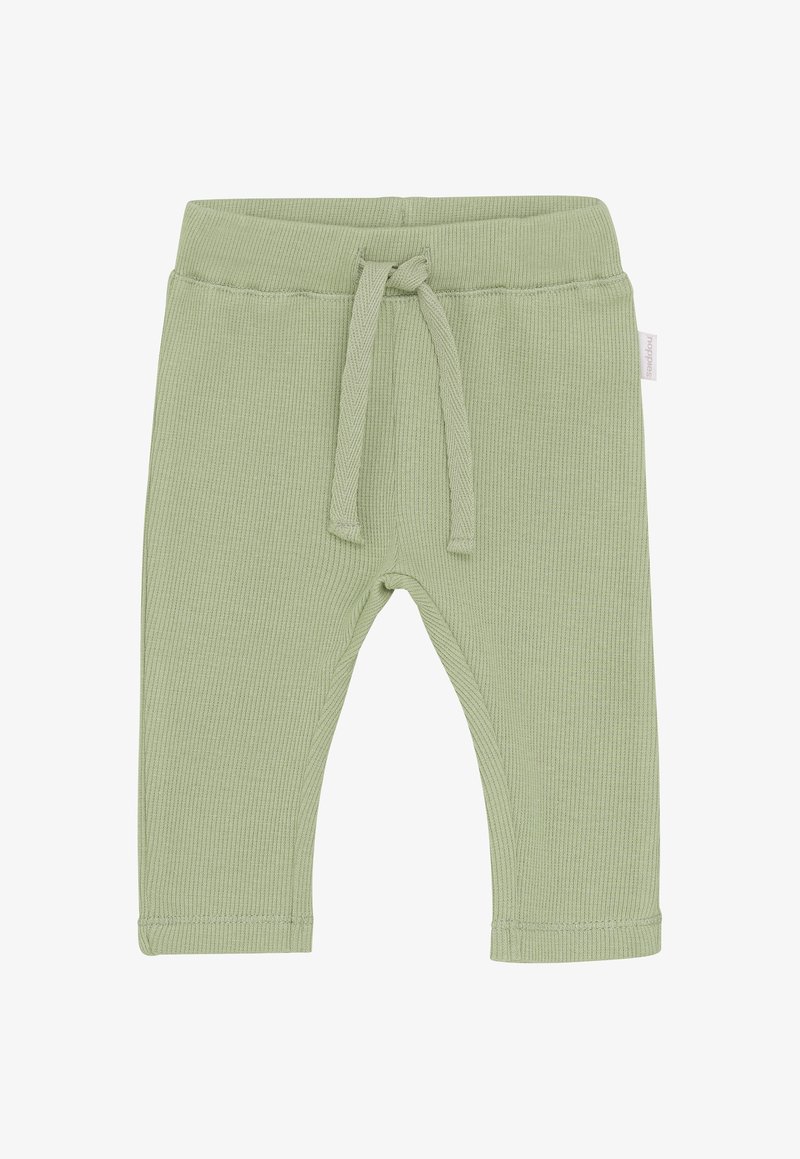 Pantalon pour bébé en vert clair à côtes douces, avec une taille élastique et un cordon de serrage noué, comprenant une petite étiquette latérale.