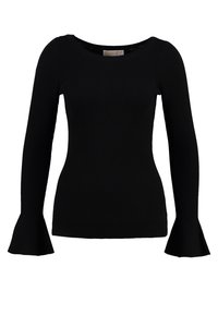 Svart ribbad långärmad topp med rund halsringning och utsvängda ärmslut, tillverkad av stretchigt material för en figurnära siluett.