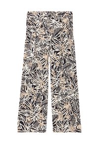 Zwarte wijde broek met een tropisch bladmotief in wit en lichtbeige. Het materiaal lijkt lichtgewicht met een zachte textuur.