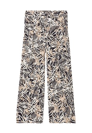 Zwarte wijde broek met een tropisch bladmotief in wit en lichtbeige. Het materiaal lijkt lichtgewicht met een zachte textuur.