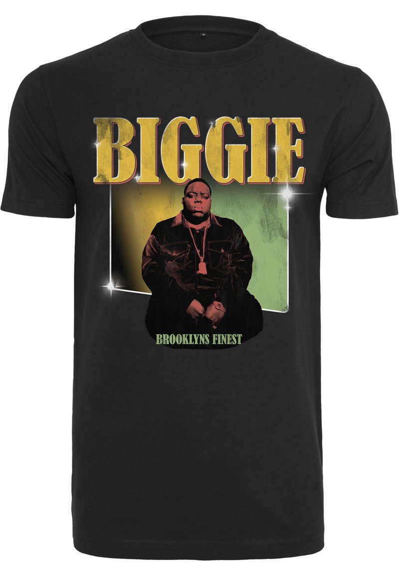 Svart bomull T-shirt med en grafisk tryck av en sittande figur, guldtexten "BIGGIE", och grön bakgrund med "BROOKLYN'S FINEST."