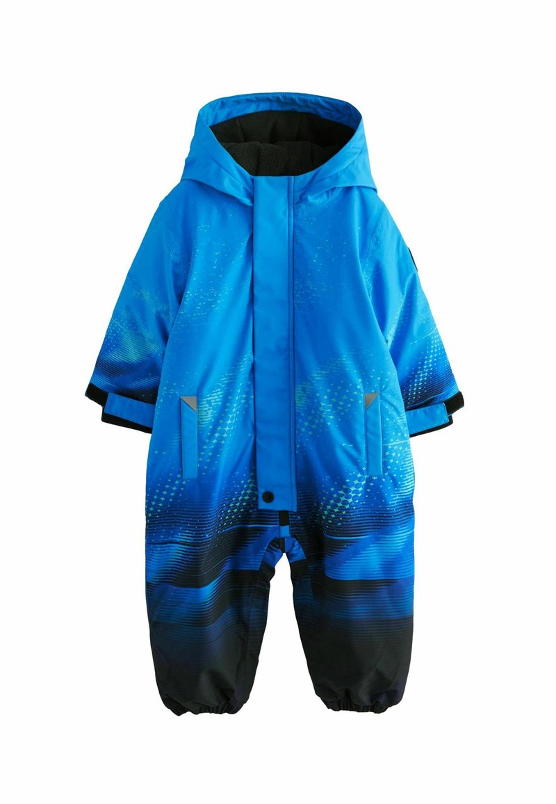 Combinaison de neige bleue imperméable avec un motif dégradé texturé, une capuche, des finitions noires et des poignets élastiques. Idéale pour une utilisation par temps froid.