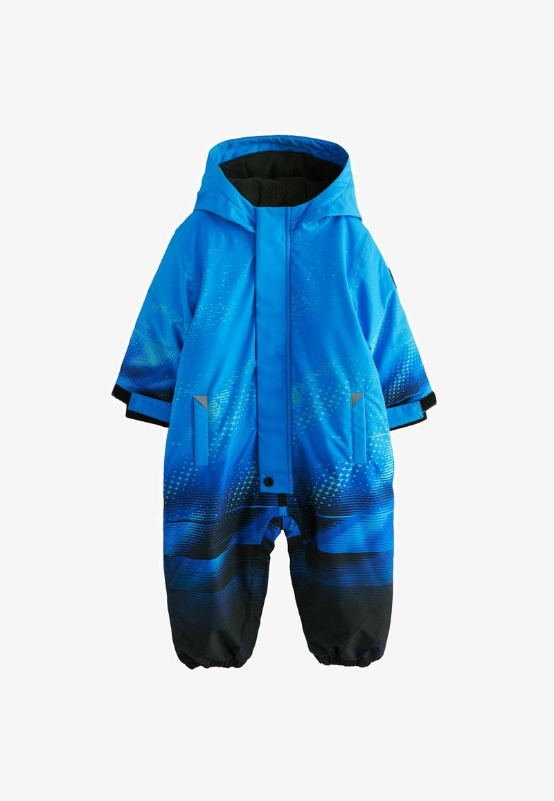 Sinine veekindel talveülikond, millel on tekstuuriga gradientmustritega, kapuuts, must äär ja elastsed mansetid. Ideaalne külmade ilmade jaoks.