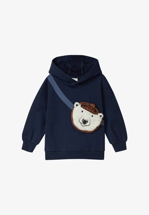 Navyblauwe sweatshirt met capuchon en een pluche beren gezicht op de zak. Beschikt over een diagonale band en ribgebreide manchetten en zoom. Zacht katoenmateriaal.
