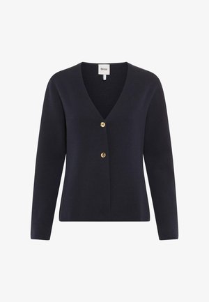 Dunkelblauer Strickcardigan mit langen Ärmeln, V-Ausschnitt und zwei beigen Knöpfen vorne, im Kragen mit "Brax"-Label versehen.