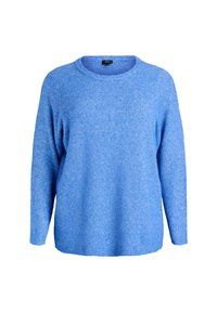 Sweter z długim rękawem, prążkowany, w jasnym niebieskim kolorze, z okrągłym dekoltem, luźnym krojem i miękkim, teksturowanym materiałem.