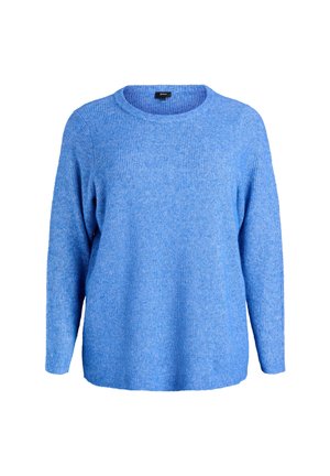 Ilgi rankoviai juostuoti megztiniai ryškiai mėlynos spalvos, su apvalia iškirpte, laisvu siluetu ir minkšta struktūrine medžiaga.
