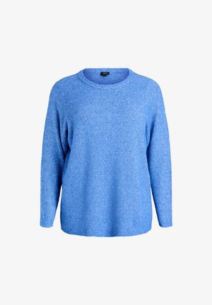 Langarm geribbelde gebreide trui in felblauw met ronde hals, ontspannen pasvorm en zachte textuur.