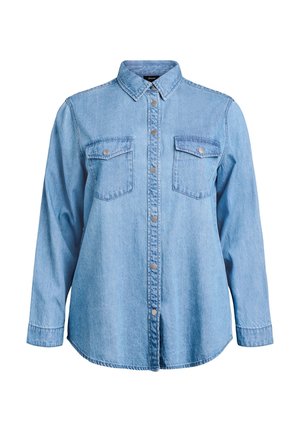 Gaiši zils džinsa krekls ar garām piedurknēm, pogas priekšpusē, smailu apkakli un divām krūšu kabatām ar atloku un sprādzēm.