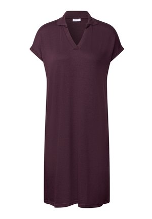 Abito polo maniche corte di un profondo viola, realizzato in tessuto morbido, con colletto a V e una vestibilità rilassata con silhouette dritta.