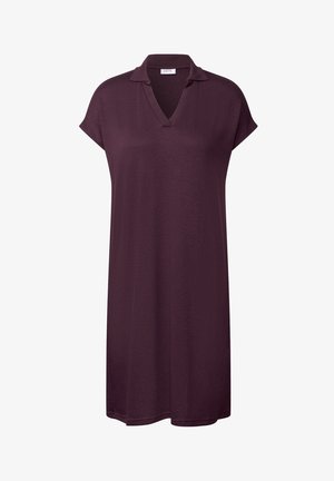 Abito polo maniche corte di un profondo viola, realizzato in tessuto morbido, con colletto a V e una vestibilità rilassata con silhouette dritta.