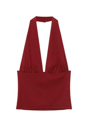 Ärmelloses Halfter-Top mit tiefem V-Ausschnitt in dunklem Rot, mit breiten Trägern und gerafften Details unter der Brust.