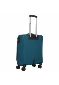 Blauwe harde cabin koffer met uitschuifbaar handvat, vier soepele spinnerwielen en een getextureerd frontpaneel voor duurzaamheid.