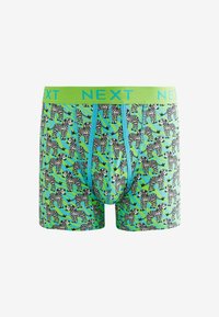 Zelené boxerky s pruhovaným vzorom zebry, so kontrastným svetlomodrým opaskom s nápisom "NEXT". Mäkká, elastická tkanina.