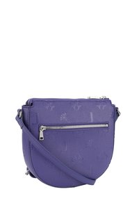Borsa a tracolla rotonda in pelle viola con motivo floreale e lettere in rilievo, tasca con zip frontale e tracolla regolabile.