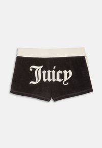Μαύρα σορτς από βελουτέ ύφασμα με λευκή ελαστική μέση και έντονα λευκά γράμματα «Juicy» στην πλάτη σε γοτθική γραμματοσειρά.