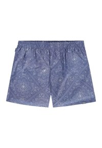 Mėlyni plaukimo šortai su paisley raštu, elastinga juosta ir šoninėmis kišenėmis. Pagaminti iš lengvos medžiagos, pasižyminčios lygiu paviršiumi.