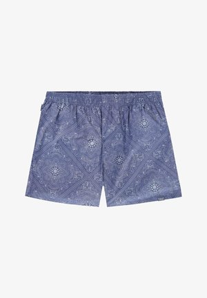 Mėlyni plaukimo šortai su paisley raštu, elastinga juosta ir šoninėmis kišenėmis. Pagaminti iš lengvos medžiagos, pasižyminčios lygiu paviršiumi.