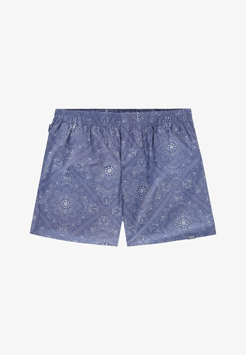 Mėlyni plaukimo šortai su paisley raštu, elastinga juosta ir šoninėmis kišenėmis. Pagaminti iš lengvos medžiagos, pasižyminčios lygiu paviršiumi.
