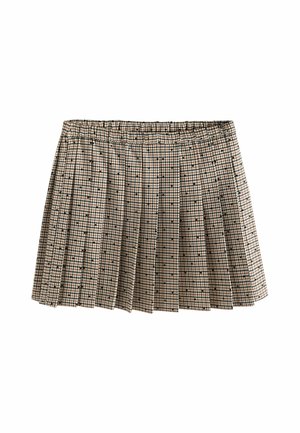 Jupe plissée à carreaux marron et beige avec petits pois noirs, taille élastique et longueur courte sur fond blanc.