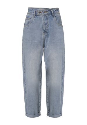 Hellblaue Denim-Jeans mit hoher Taille, zwei Fronttaschen, umgeschlagenen Säumen und doppeltem Knopfverschluss. Sie zeichnen sich durch eine ausgeblichene Waschung und dezente Nähte aus.