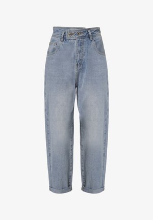 Hellblaue Denim-Jeans mit hoher Taille, zwei Fronttaschen, umgeschlagenen Säumen und doppeltem Knopfverschluss. Sie zeichnen sich durch eine ausgeblichene Waschung und dezente Nähte aus.