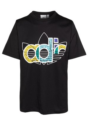 Schwarzes T-Shirt mit kurzen Ärmeln, das ein großes, farbenfrohes "adidas"-Logo und ein stilisiertes Dreiblatt-Design in Gelb, Blau, Lila und Türkis auf der Vorderseite zeigt.