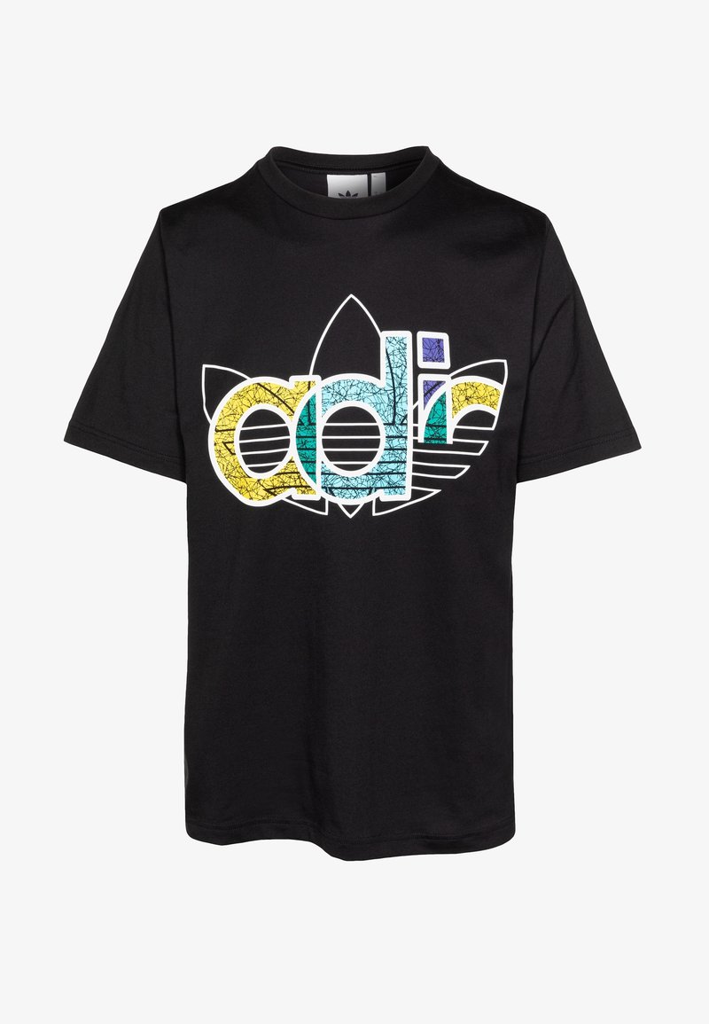 Svart t-shirt med kort ärm och stort färgglatt "adidas"-logotyp samt stiliserad klöverdesign i gult, blått, lila och teal på framsidan.