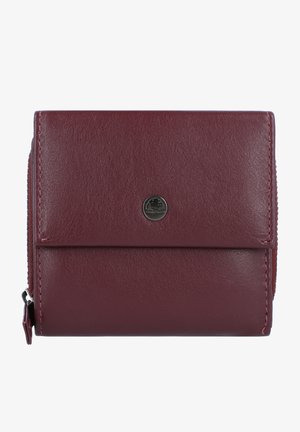 Bordeaux lederen portemonnee met een gladde textuur, drukknopsluiting en zilveren logo-accent. Compact ontwerp met een ritscompartiment.