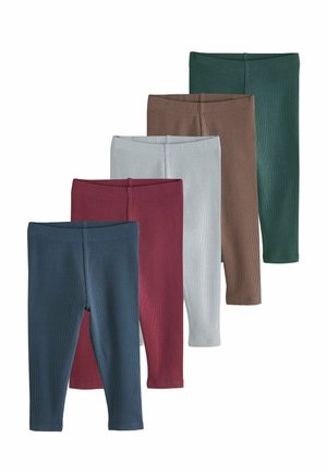 Fünf Paar gerippte Baby-Leggings in Blau, Dunkelrot, Hellgrau, Braun und Dunkelgrün, in einer stufenartigen Reihe angeordnet.