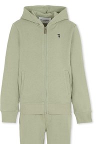 Jasnozielona bluza z kapturem na zamek, wykonana z miękkiego materiału, z przednią kieszenią i ściągaczami na rękawach, z małym czarnym logo na piersi.