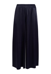 Marineblauwe broek met wijde pijpen en een elastische tailleband, gemaakt van een gladde, glanzende stof. Het ontwerp heeft een volledig lange snit en geen zakken.