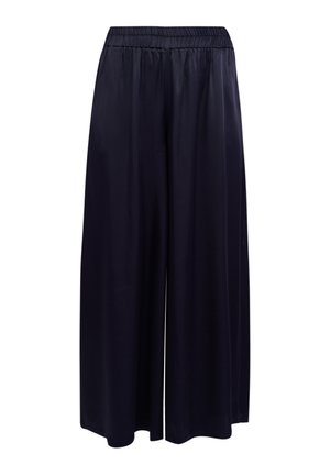 Marineblauwe broek met wijde pijpen en een elastische tailleband, gemaakt van een gladde, glanzende stof. Het ontwerp heeft een volledig lange snit en geen zakken.