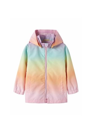 Barnejakke med hette, frontglidelås, elastiske mansjetter, sidelommer og pastellfargede regnbuegradienter.