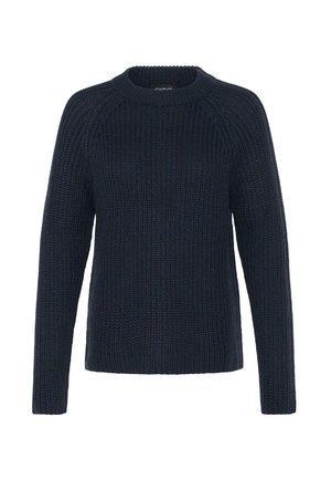 Mornarsko moder pleteni pulover z okroglim izrezom, dolgimi raglan rukavi, rebrastimi manšetami in teksturirano površino, izdelan iz mehkega, debelaga preje.