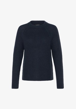 Mornarsko moder pleteni pulover z okroglim izrezom, dolgimi raglan rukavi, rebrastimi manšetami in teksturirano površino, izdelan iz mehkega, debelaga preje.