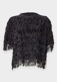 Μαύρο κοντό τοπ με σχέδιο φράντζας από υφασμένο ύφασμα. Στρογγυλή λαιμόκοψη με κλείσιμο στη πλάτη με φερμουάρ. Κοντά μανίκια.