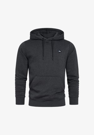 Grijze hoodie met een kangoeroezak, koordjes, ribgebreide manchetten en een klein logo op de borst. Gemaakt van zachte stof.