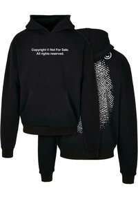 Black hoodie featuring a front pocket, white text on the chest, and a stylized fingerprint design on the back with circular logo detail.