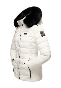 White padded jacket with a black faux fur collar, zippered pockets, and a branded patch on the sleeve. Smooth texture; warm design.