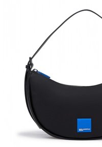 Black leather shoulder bag with a curved shape, featuring a blue accent on the front and a thin strap. Smooth texture and minimalist design.